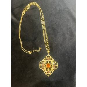 Vintage Gold-tone Filigree Topaz-colored Pendant & Necklace